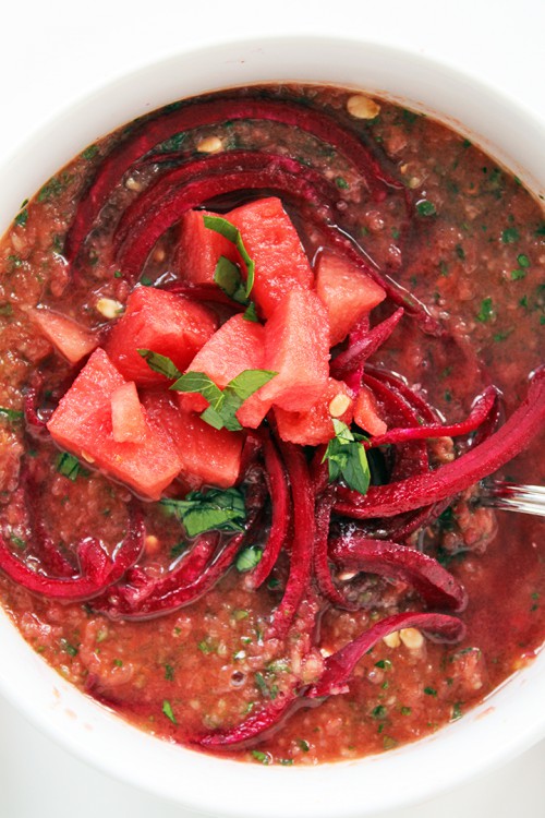 Watermelon Gazpacho with Beet Noodles